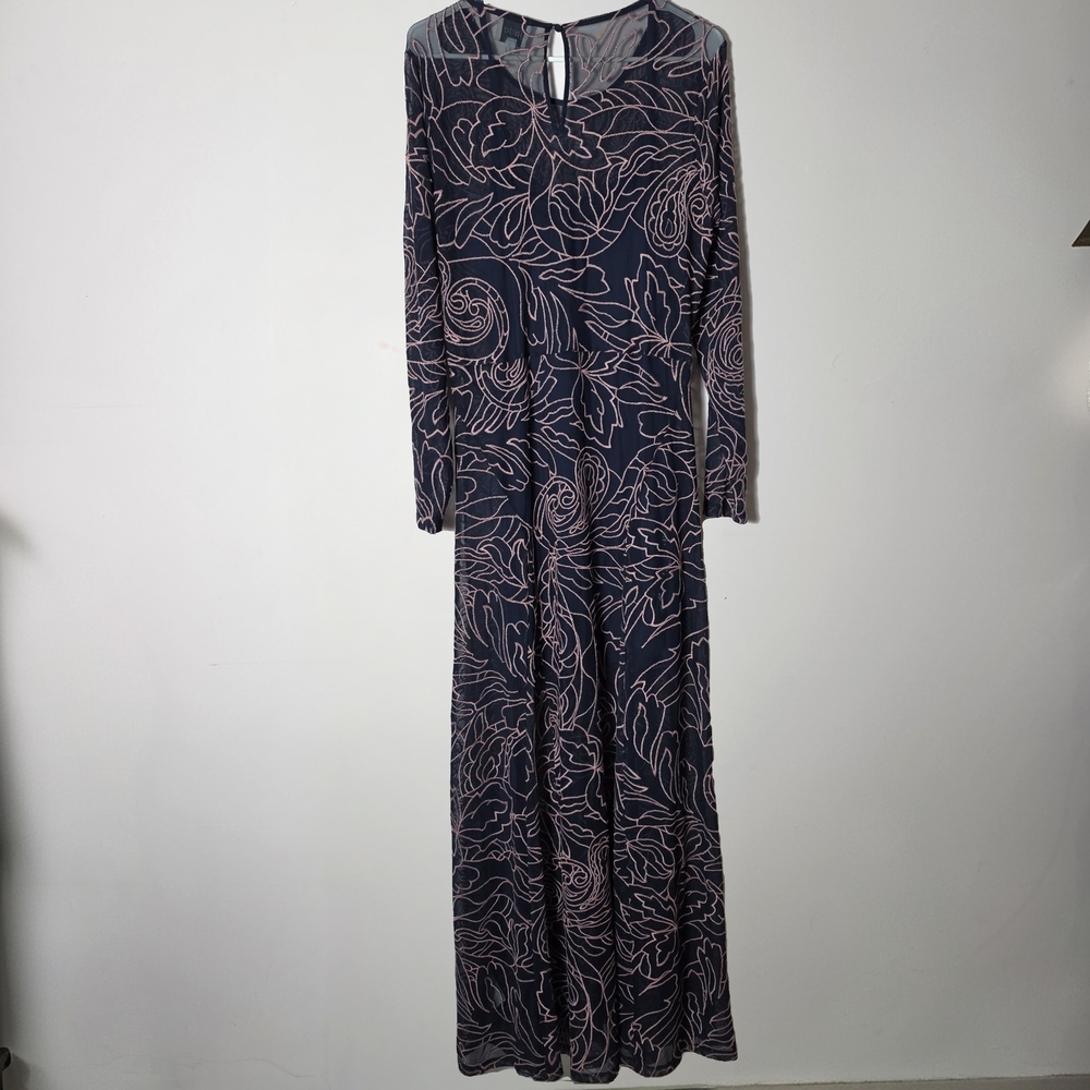 Johnny Was Serena Embroidered Mesh Maxi Dress Navy Pink Floral Long Sleeve Large - Picture 2 of 8